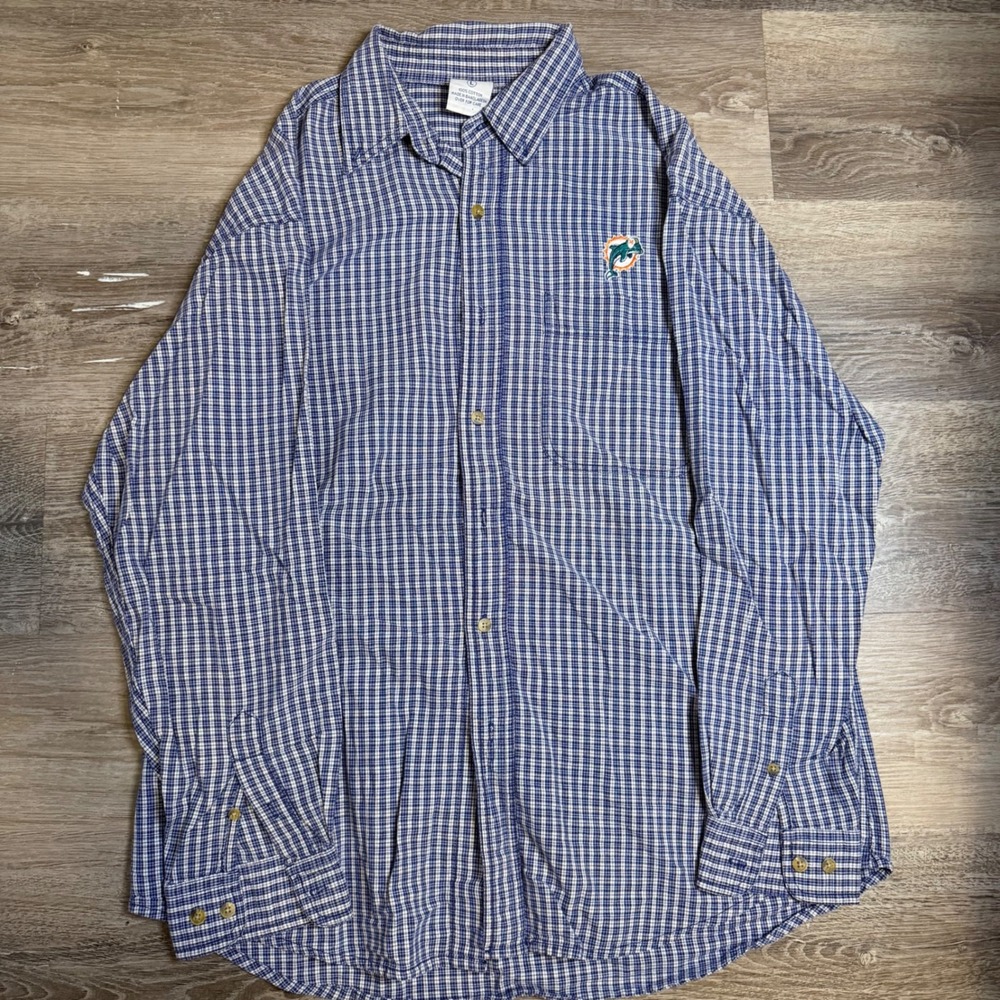 Vintage CSA Miami Dolphins Gingham Button Down Shirt Mens Large Blue White NFL
